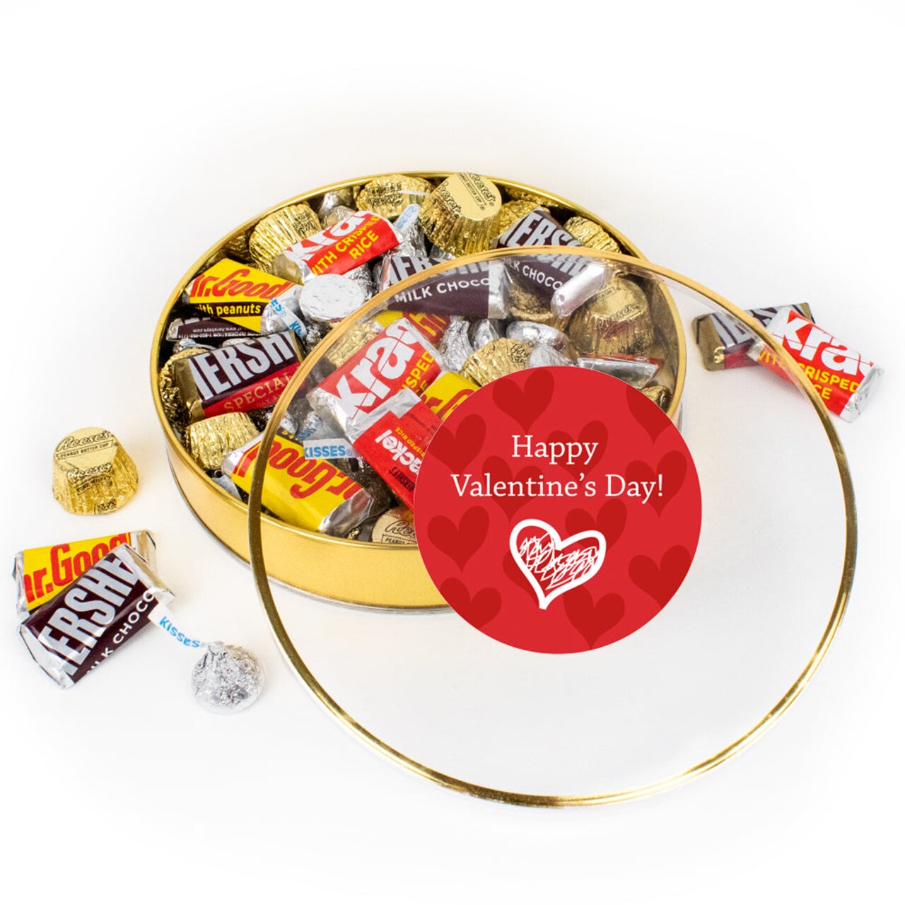 Valentine's Day Candy Gift Tin - Plastic Gift Tin with Hershey's Kisses, Hershey's Miniatures & Reese's Peanut Butter Cups